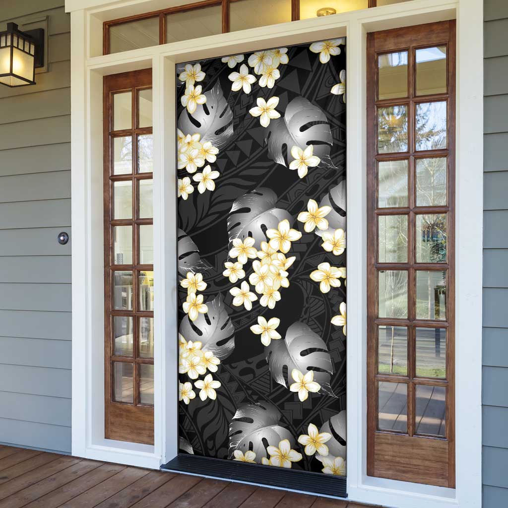 Black Tropical Hawaii Door Cover Seamless Monstera Plumeria Hawaiian Pattern - Polynesian Pride