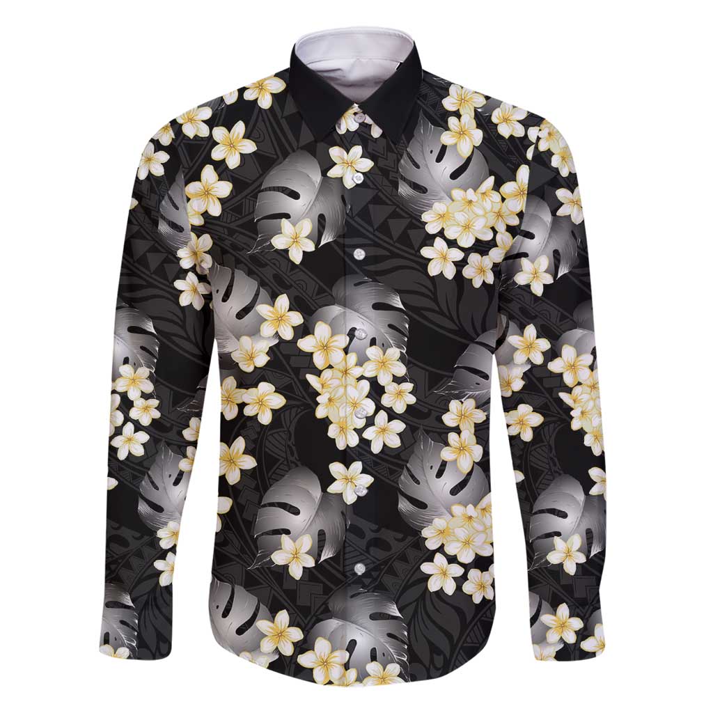 Black Tropical Hawaii Family Matching Long Sleeve Bodycon Dress and Hawaiian Shirt Seamless Monstera Plumeria Hawaiian Pattern LT14 Dad's Shirt - Long Sleeve Black - Polynesian Pride