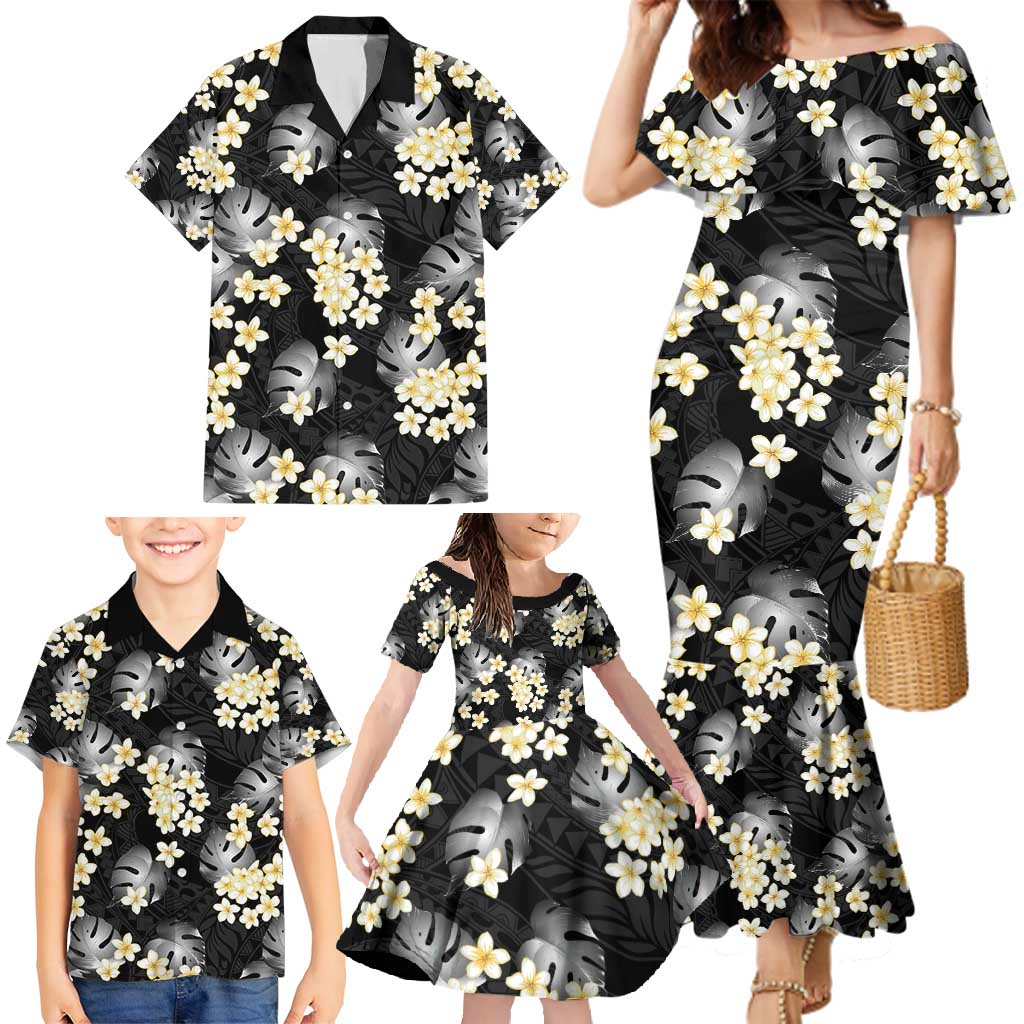 Black Tropical Hawaii Family Matching Mermaid Dress and Hawaiian Shirt Seamless Monstera Plumeria Hawaiian Pattern LT14 - Polynesian Pride