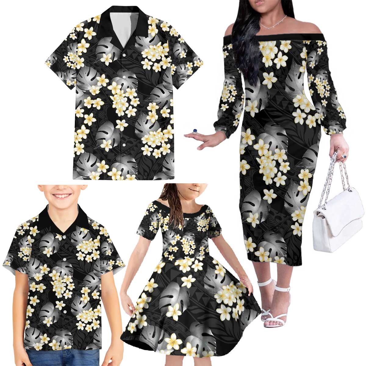 Black Tropical Hawaii Family Matching Off The Shoulder Long Sleeve Dress and Hawaiian Shirt Seamless Monstera Plumeria Hawaiian Pattern LT14 - Polynesian Pride