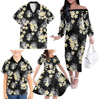 Black Tropical Hawaii Family Matching Off The Shoulder Long Sleeve Dress and Hawaiian Shirt Seamless Monstera Plumeria Hawaiian Pattern LT14 - Polynesian Pride