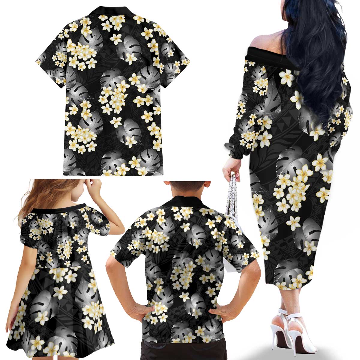 Black Tropical Hawaii Family Matching Off The Shoulder Long Sleeve Dress and Hawaiian Shirt Seamless Monstera Plumeria Hawaiian Pattern LT14 - Polynesian Pride