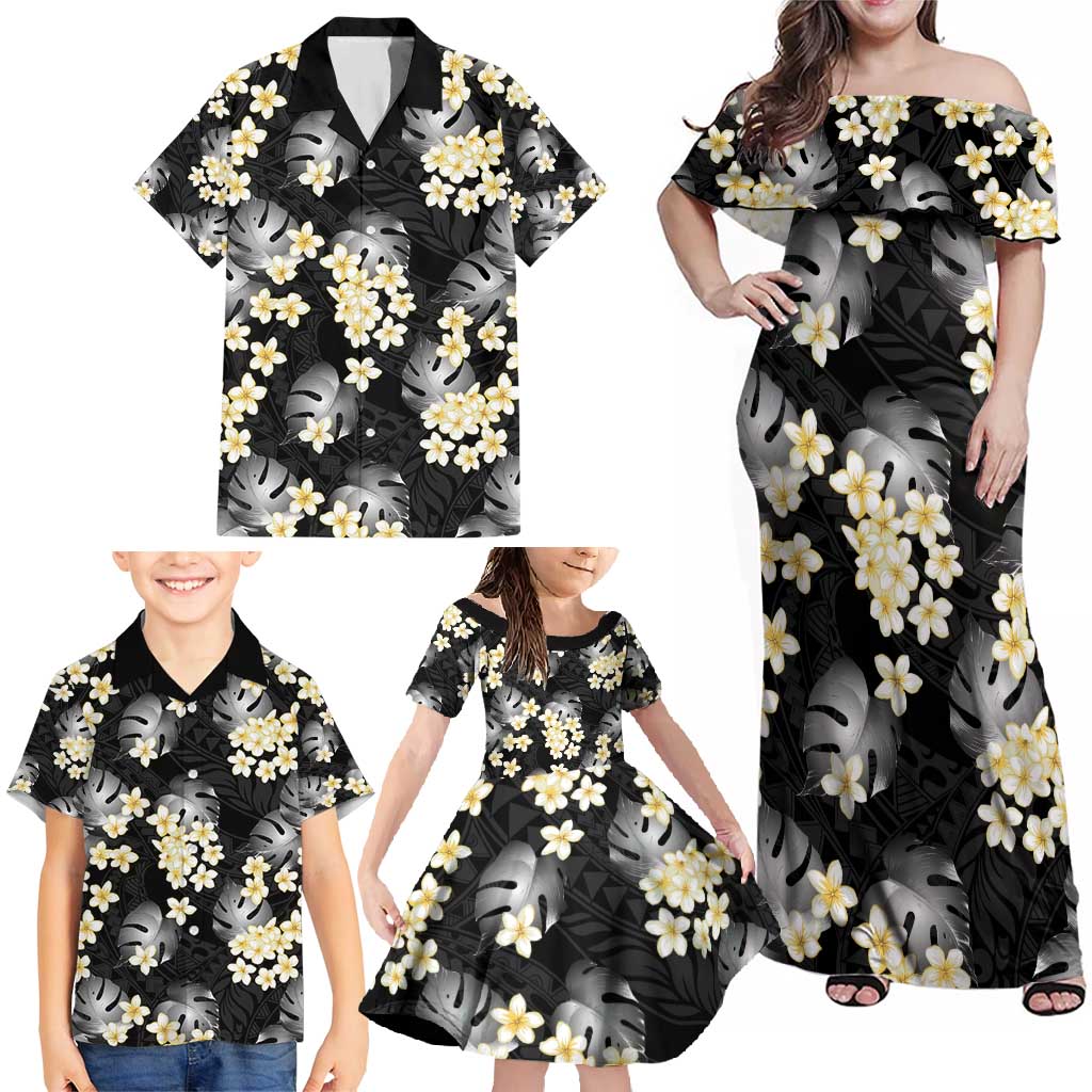 Black Tropical Hawaii Family Matching Off Shoulder Maxi Dress and Hawaiian Shirt Seamless Monstera Plumeria Hawaiian Pattern LT14 - Polynesian Pride