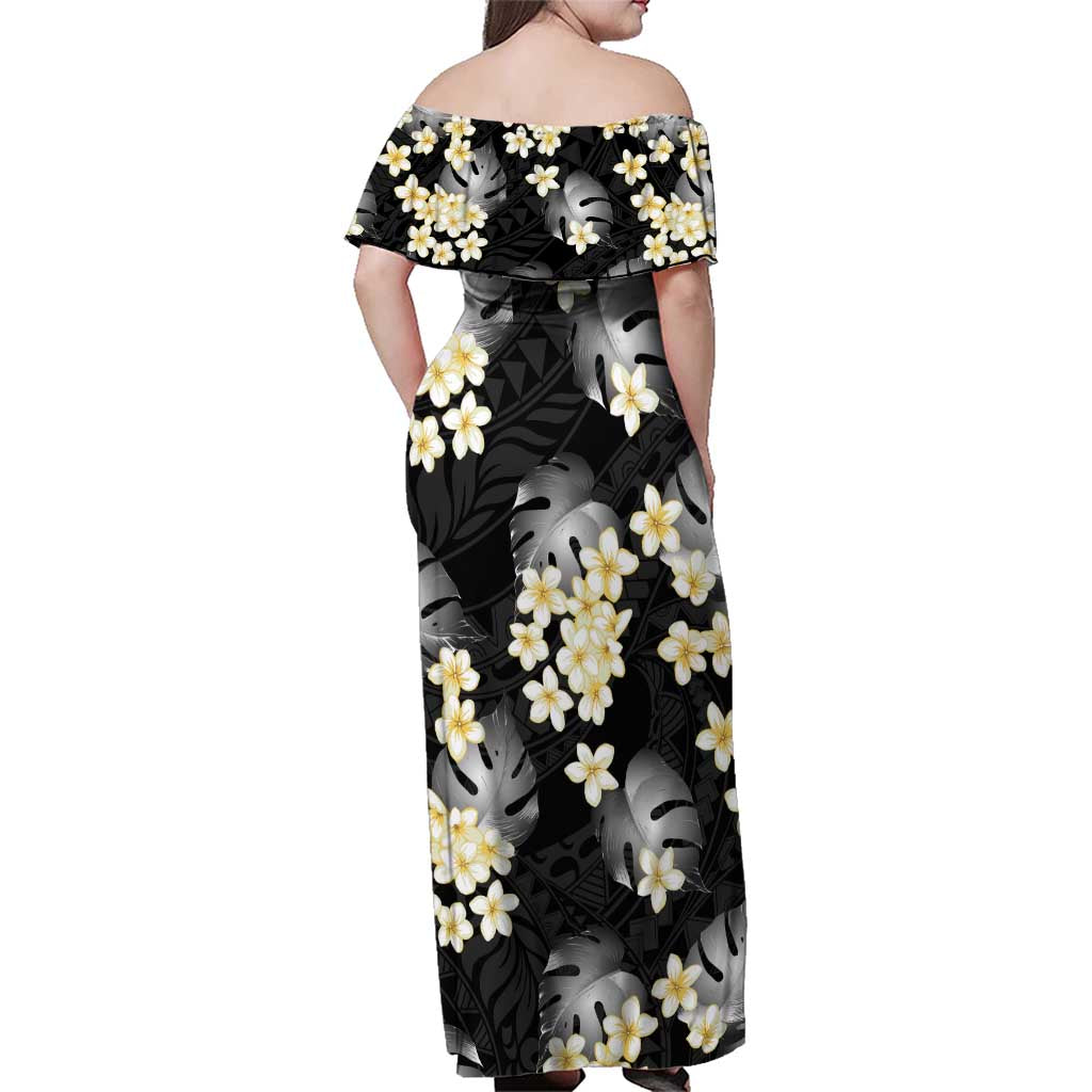 Black Tropical Hawaii Family Matching Off Shoulder Maxi Dress and Hawaiian Shirt Seamless Monstera Plumeria Hawaiian Pattern LT14 - Polynesian Pride