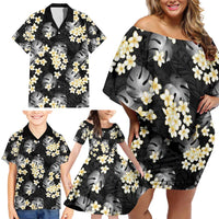 Black Tropical Hawaii Family Matching Off Shoulder Short Dress and Hawaiian Shirt Seamless Monstera Plumeria Hawaiian Pattern LT14 - Polynesian Pride