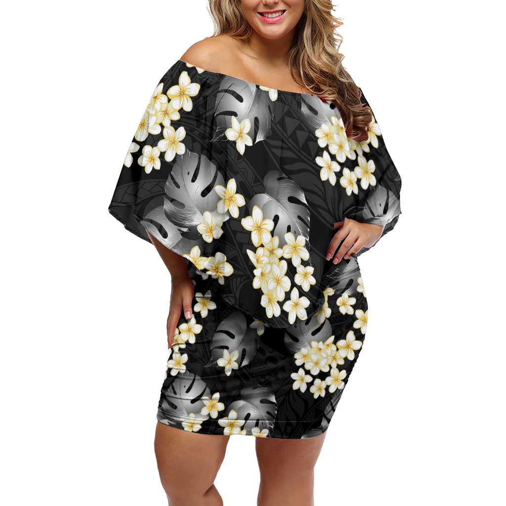 Black Tropical Hawaii Family Matching Off Shoulder Short Dress and Hawaiian Shirt Seamless Monstera Plumeria Hawaiian Pattern LT14 Mom's Dress Black - Polynesian Pride