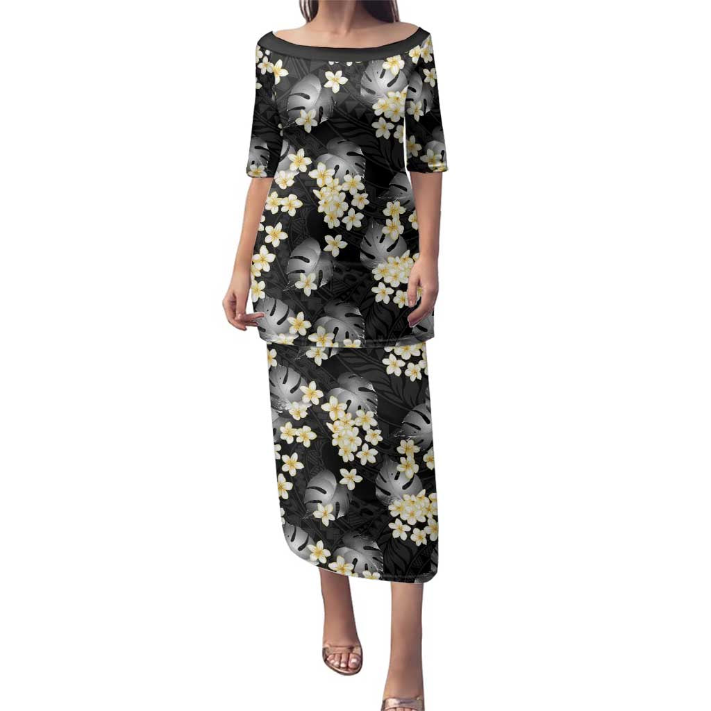 Black Tropical Hawaii Family Matching Puletasi and Hawaiian Shirt Seamless Monstera Plumeria Hawaiian Pattern LT14 Mom's Dress Black - Polynesian Pride