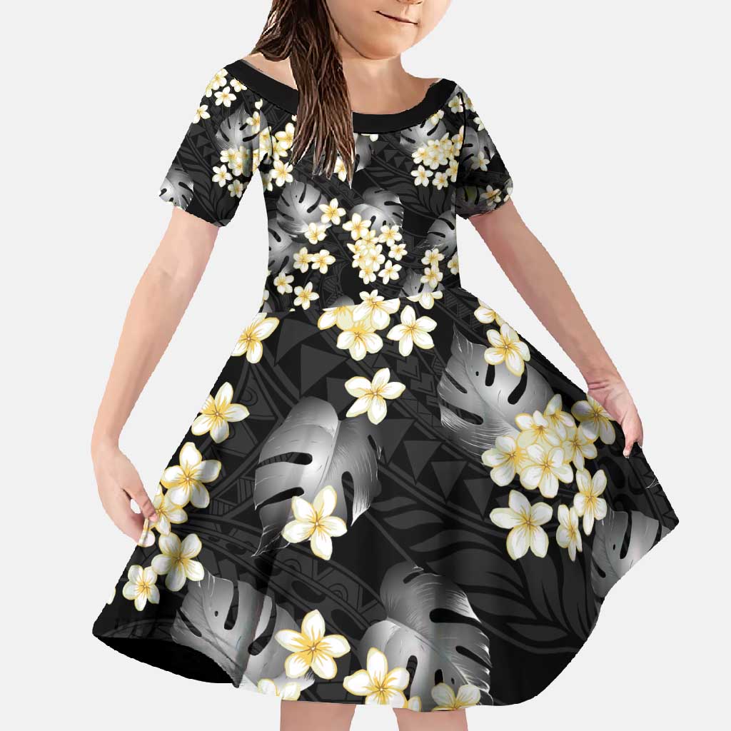 Black Tropical Hawaii Family Matching Short Sleeve Bodycon Dress and Hawaiian Shirt Seamless Monstera Plumeria Hawaiian Pattern LT14 Daughter's Dress Black - Polynesian Pride