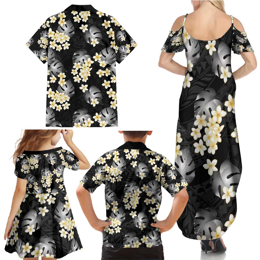 Black Tropical Hawaii Family Matching Summer Maxi Dress and Hawaiian Shirt Seamless Monstera Plumeria Hawaiian Pattern LT14 - Polynesian Pride