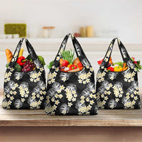 Black Tropical Hawaii Grocery Bag Seamless Monstera Plumeria Hawaiian Pattern - Polynesian Pride
