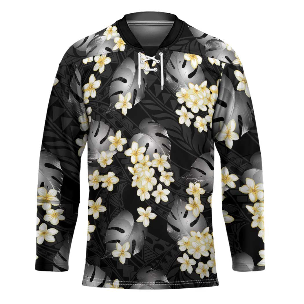 Black Tropical Hawaii Hockey Jersey Seamless Monstera Plumeria Hawaiian Pattern - Polynesian Pride