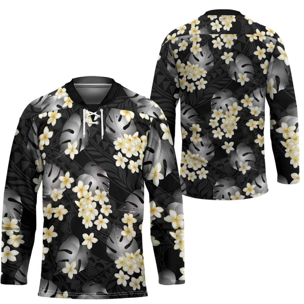 Black Tropical Hawaii Hockey Jersey Seamless Monstera Plumeria Hawaiian Pattern - Polynesian Pride