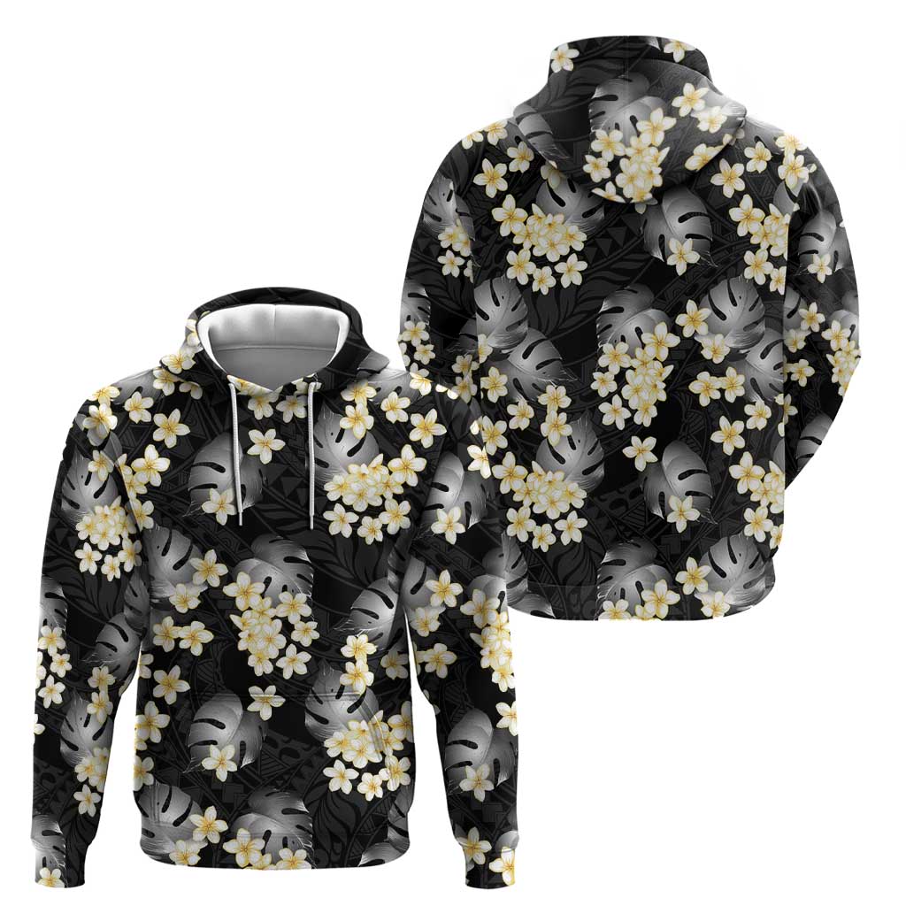 Black Tropical Hawaii Hoodie Seamless Monstera Plumeria Hawaiian Pattern - Polynesian Pride