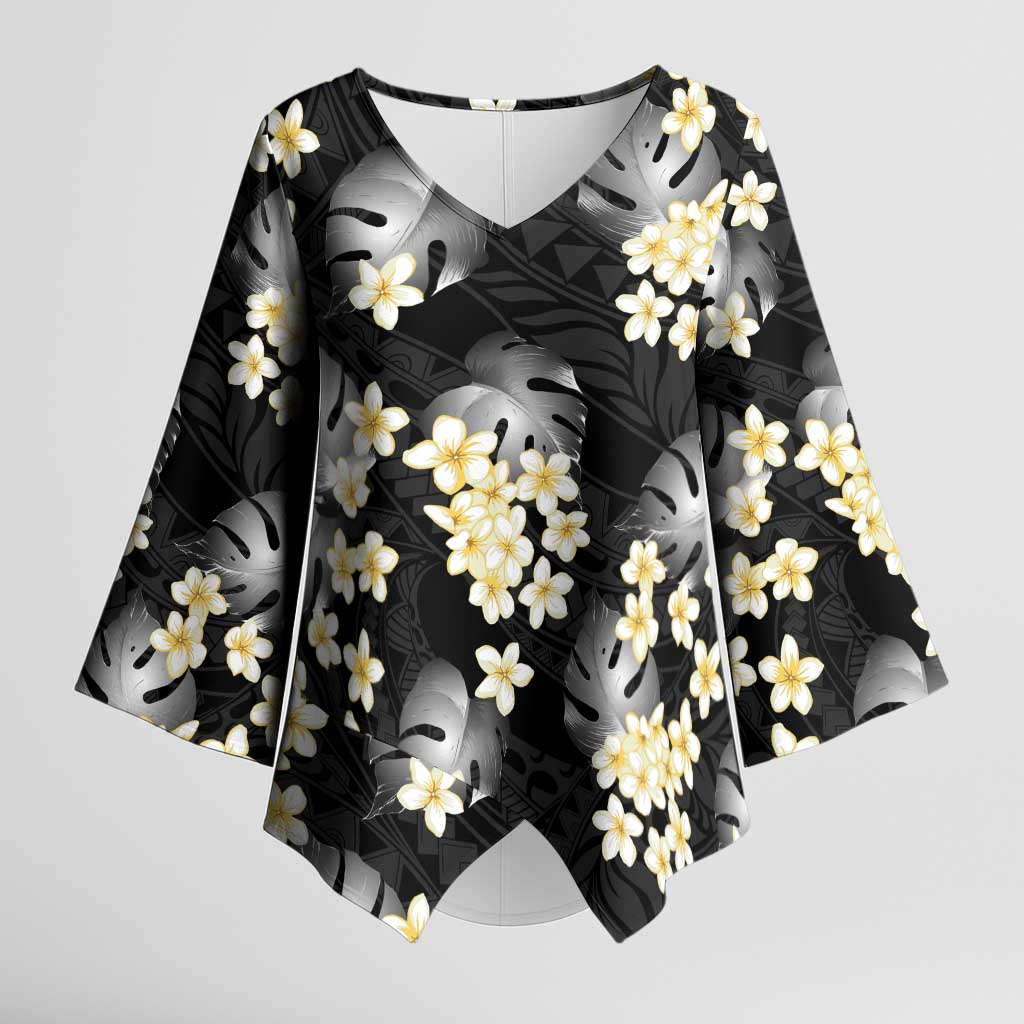 Black Tropical Hawaii Kimono Sleeve Blouse Seamless Monstera Plumeria Hawaiian Pattern LT14 Female Black - Polynesian Pride