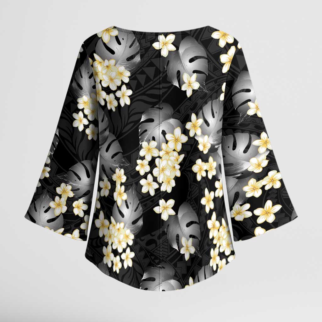 Black Tropical Hawaii Kimono Sleeve Blouse Seamless Monstera Plumeria Hawaiian Pattern LT14 - Polynesian Pride