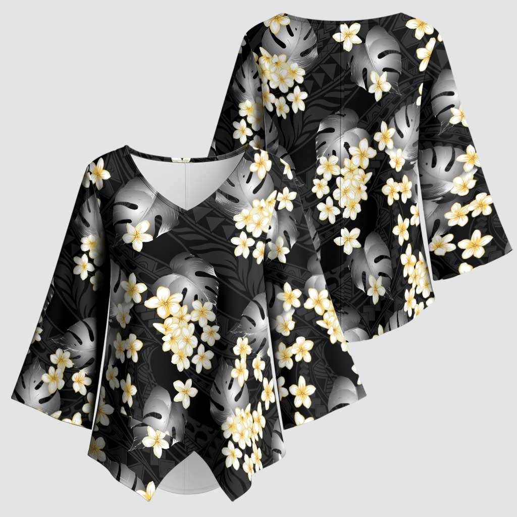 Black Tropical Hawaii Kimono Sleeve Blouse Seamless Monstera Plumeria Hawaiian Pattern LT14 - Polynesian Pride