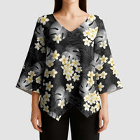 Black Tropical Hawaii Kimono Sleeve Blouse Seamless Monstera Plumeria Hawaiian Pattern LT14 - Polynesian Pride