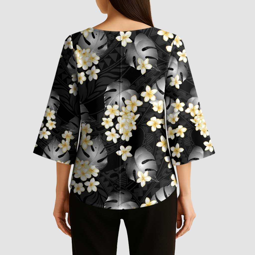 Black Tropical Hawaii Kimono Sleeve Blouse Seamless Monstera Plumeria Hawaiian Pattern LT14 - Polynesian Pride