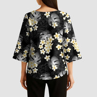 Black Tropical Hawaii Kimono Sleeve Blouse Seamless Monstera Plumeria Hawaiian Pattern LT14 - Polynesian Pride