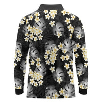 Black Tropical Hawaii Long Sleeve Polo Shirt Seamless Monstera Plumeria Hawaiian Pattern - Polynesian Pride