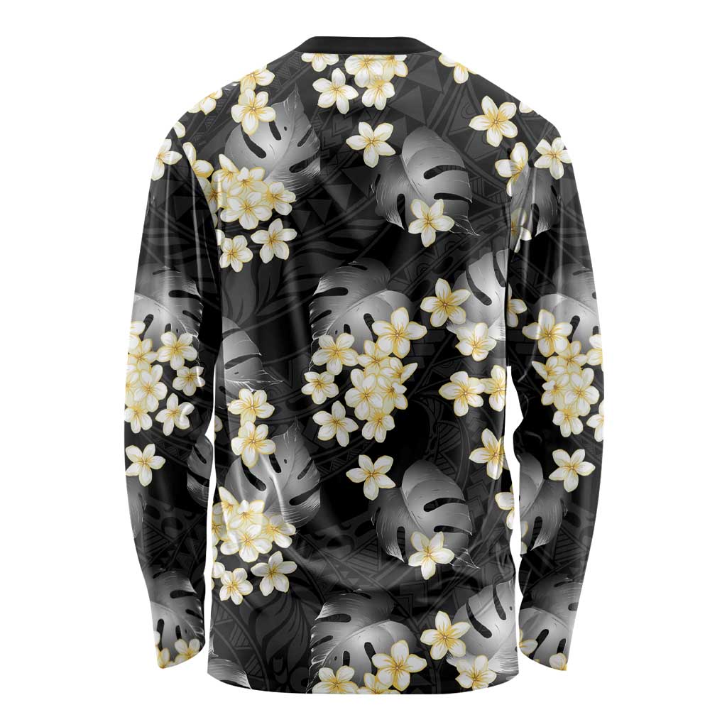 Black Tropical Hawaii Long Sleeve Shirt Seamless Monstera Plumeria Hawaiian Pattern - Polynesian Pride
