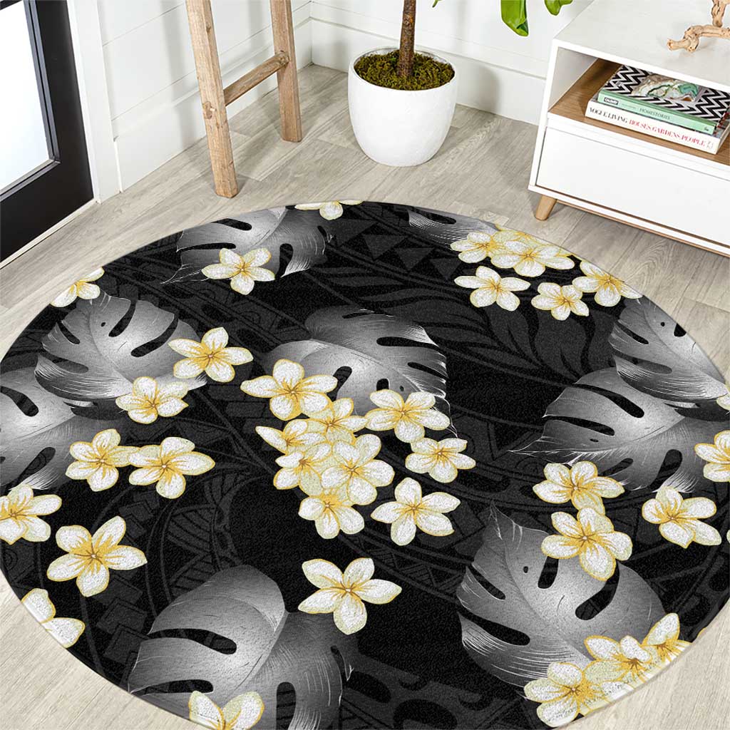 Black Tropical Hawaii Round Carpet Seamless Monstera Plumeria Hawaiian Pattern LT14 Black - Polynesian Pride