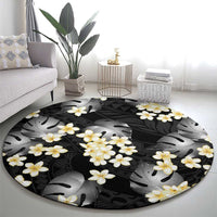 Black Tropical Hawaii Round Carpet Seamless Monstera Plumeria Hawaiian Pattern LT14 - Polynesian Pride