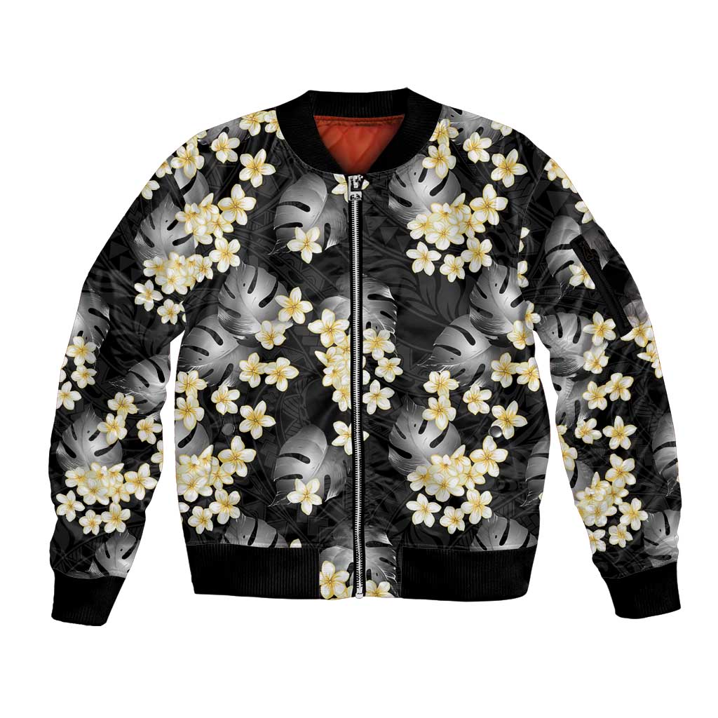 Black Tropical Hawaii Sleeve Zip Bomber Jacket Seamless Monstera Plumeria Hawaiian Pattern LT14 Unisex Black - Polynesian Pride