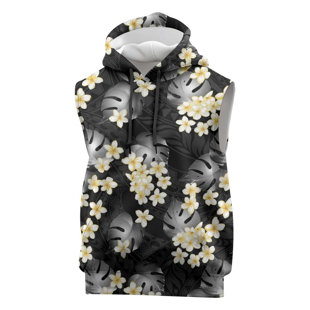 Black Tropical Hawaii Sleeveless Hoodie Seamless Monstera Plumeria Hawaiian Pattern LT14 Black - Polynesian Pride