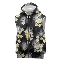 Black Tropical Hawaii Sleeveless Zip Hoodie Seamless Monstera Plumeria Hawaiian Pattern - Polynesian Pride