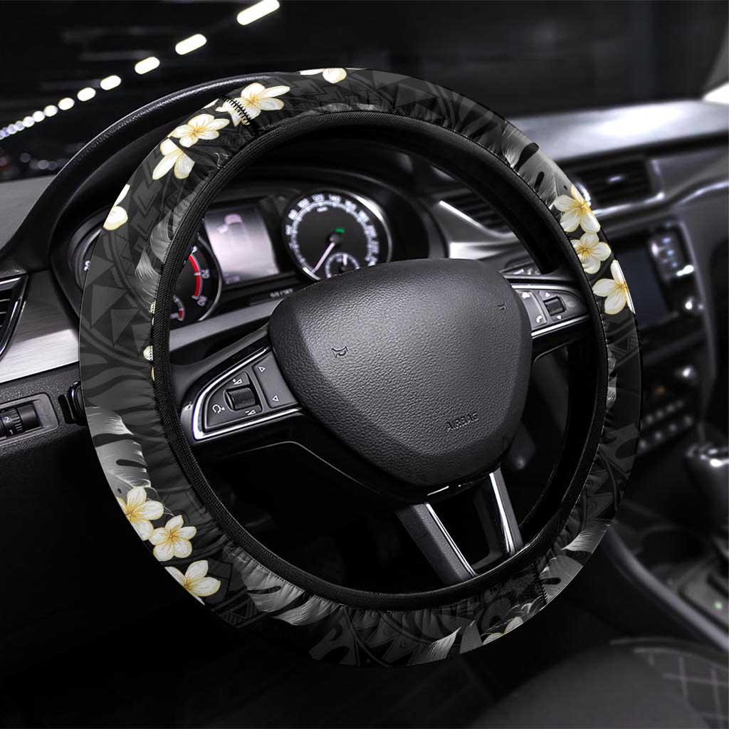 Black Tropical Hawaii Steering Wheel Cover Seamless Monstera Plumeria Hawaiian Pattern - Polynesian Pride
