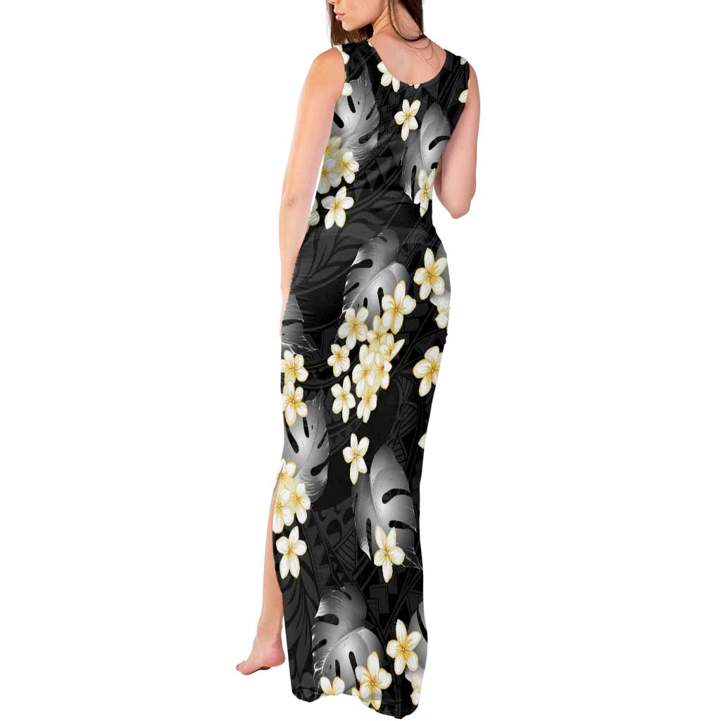 Black Tropical Hawaii Tank Maxi Dress Seamless Monstera Plumeria Hawaiian Pattern - Polynesian Pride