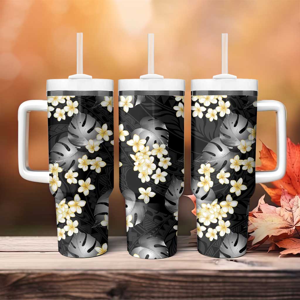 Black Tropical Hawaii Tumbler With Handle Seamless Monstera Plumeria Hawaiian Pattern - Polynesian Pride