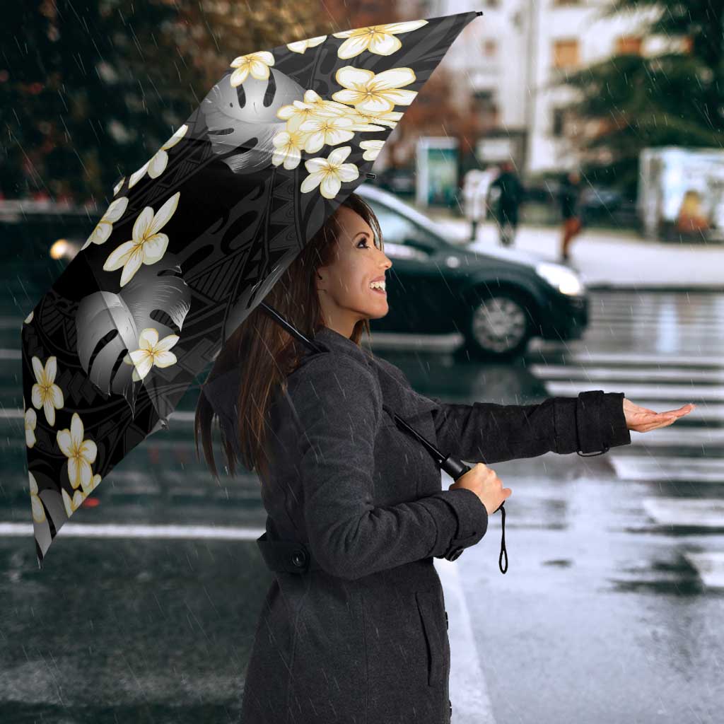 Black Tropical Hawaii Umbrella Seamless Monstera Plumeria Hawaiian Pattern LT14 - Polynesian Pride
