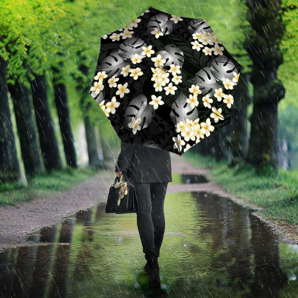 Black Tropical Hawaii Umbrella Seamless Monstera Plumeria Hawaiian Pattern LT14 - Polynesian Pride