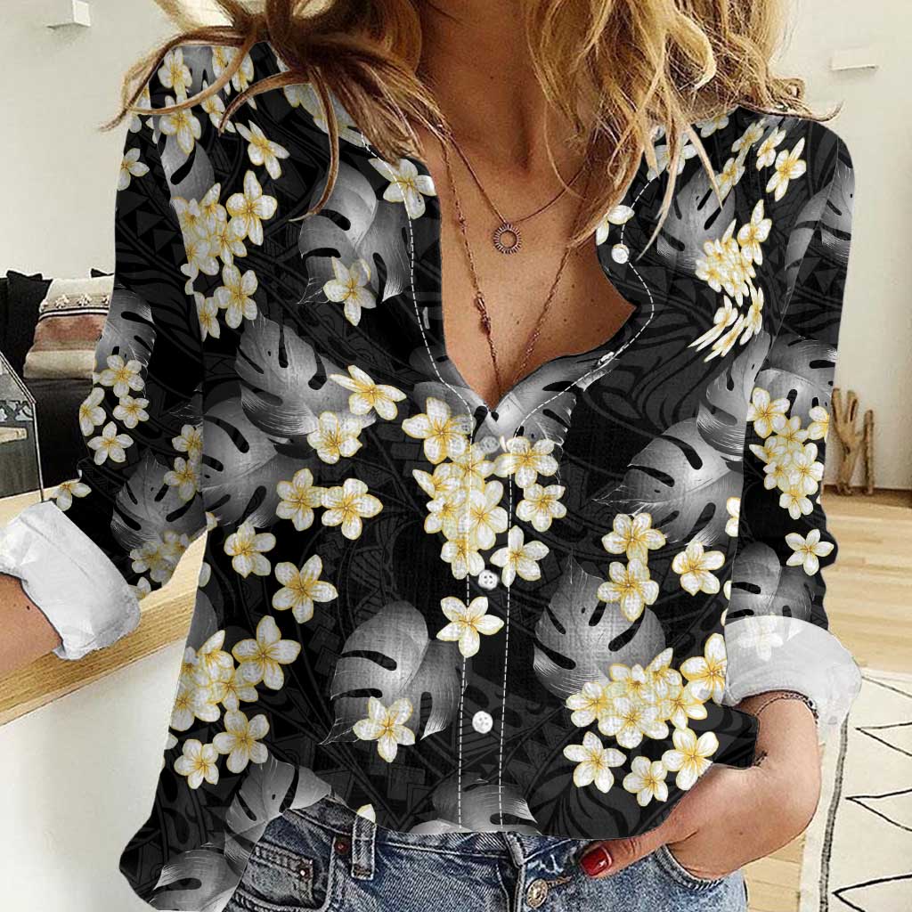 Black Tropical Hawaii Women Casual Shirt Seamless Monstera Plumeria Hawaiian Pattern - Polynesian Pride