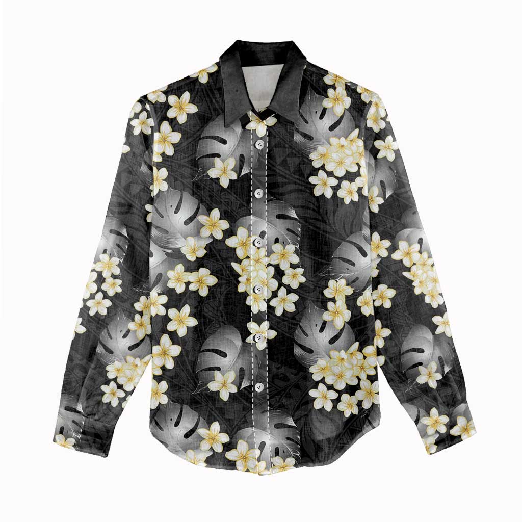 Black Tropical Hawaii Women Casual Shirt Seamless Monstera Plumeria Hawaiian Pattern - Polynesian Pride