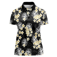 Black Tropical Hawaii Women Polo Shirt Seamless Monstera Plumeria Hawaiian Pattern - Polynesian Pride