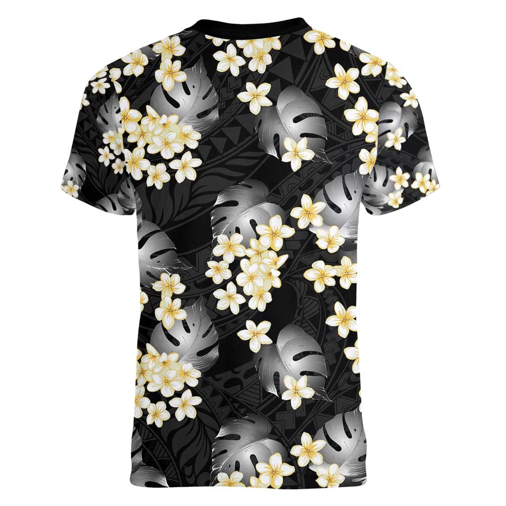 Black Tropical Hawaii Women V-Neck T-Shirt Seamless Monstera Plumeria Hawaiian Pattern - Polynesian Pride