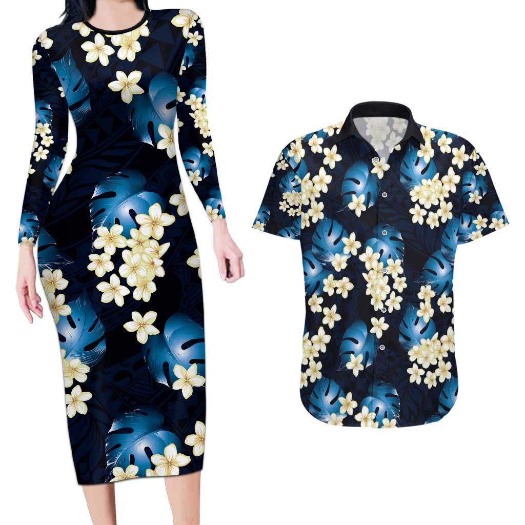 Blue Tropical Hawaii Couples Matching Long Sleeve Bodycon Dress and Hawaiian Shirt Seamless Monstera Plumeria Hawaiian Pattern LT14 Blue - Polynesian Pride
