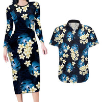 Blue Tropical Hawaii Couples Matching Long Sleeve Bodycon Dress and Hawaiian Shirt Seamless Monstera Plumeria Hawaiian Pattern LT14 Blue - Polynesian Pride