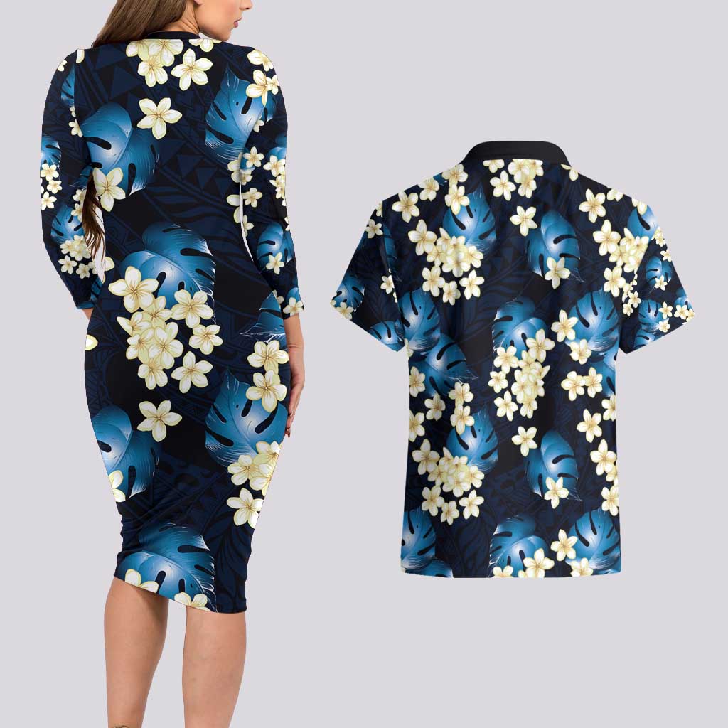 Blue Tropical Hawaii Couples Matching Long Sleeve Bodycon Dress and Hawaiian Shirt Seamless Monstera Plumeria Hawaiian Pattern LT14 - Polynesian Pride