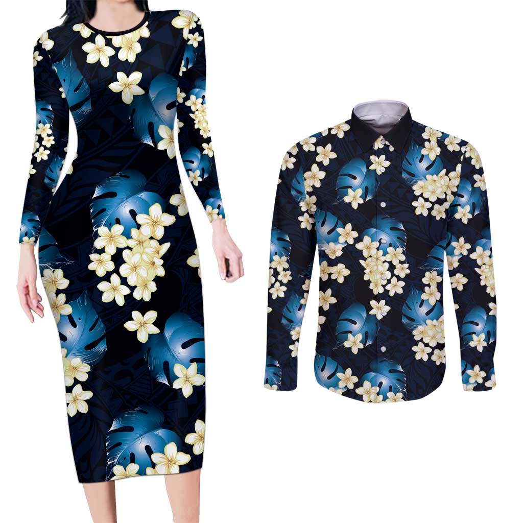 Blue Tropical Hawaii Couples Matching Long Sleeve Bodycon Dress and Long Sleeve Button Shirt Seamless Monstera Plumeria Hawaiian Pattern LT14 Blue - Polynesian Pride