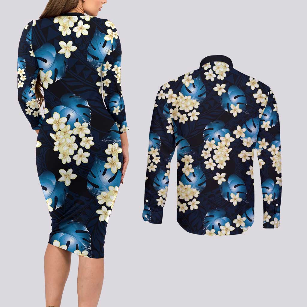 Blue Tropical Hawaii Couples Matching Long Sleeve Bodycon Dress and Long Sleeve Button Shirt Seamless Monstera Plumeria Hawaiian Pattern LT14 - Polynesian Pride