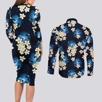Blue Tropical Hawaii Couples Matching Long Sleeve Bodycon Dress and Long Sleeve Button Shirt Seamless Monstera Plumeria Hawaiian Pattern LT14 - Polynesian Pride