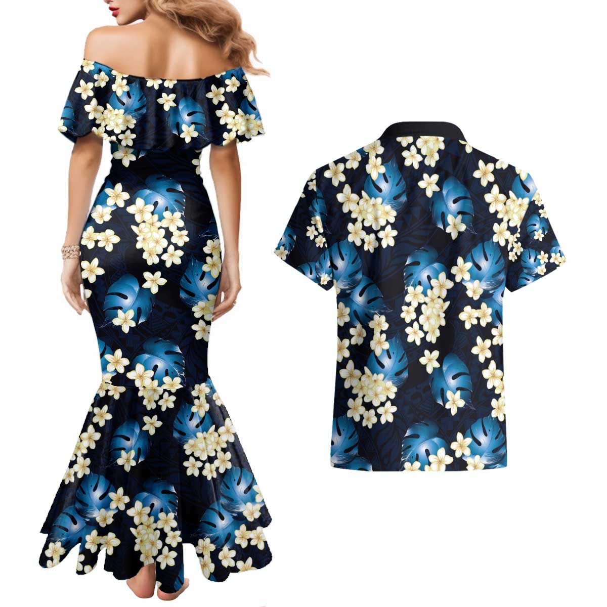 Blue Tropical Hawaii Couples Matching Mermaid Dress and Hawaiian Shirt Seamless Monstera Plumeria Hawaiian Pattern LT14 - Polynesian Pride