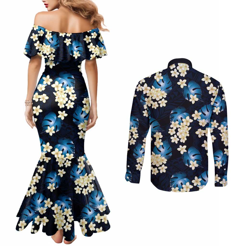 Blue Tropical Hawaii Couples Matching Mermaid Dress and Long Sleeve Button Shirt Seamless Monstera Plumeria Hawaiian Pattern LT14 - Polynesian Pride