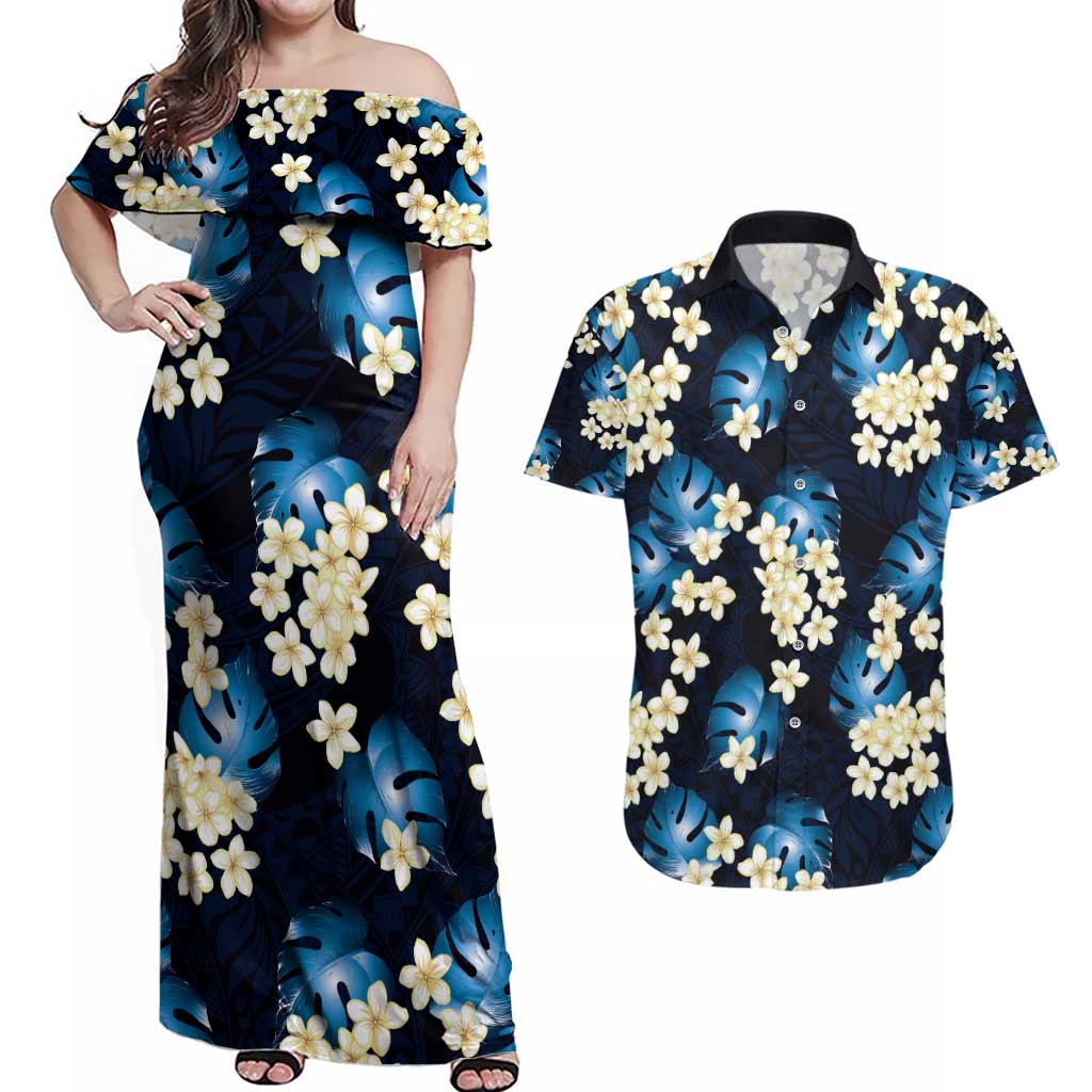 Blue Tropical Hawaii Couples Matching Off Shoulder Maxi Dress and Hawaiian Shirt Seamless Monstera Plumeria Hawaiian Pattern LT14 Blue - Polynesian Pride