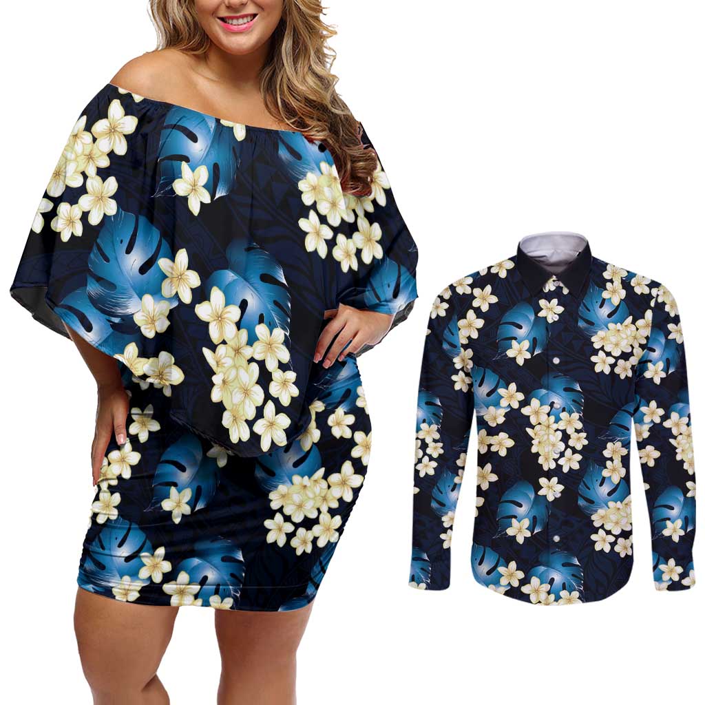 Blue Tropical Hawaii Couples Matching Off Shoulder Short Dress and Long Sleeve Button Shirt Seamless Monstera Plumeria Hawaiian Pattern LT14 Blue - Polynesian Pride