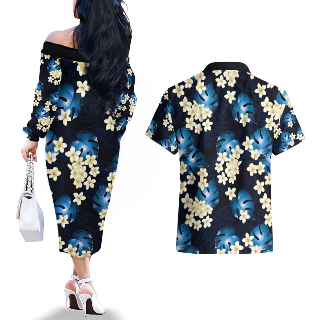 Blue Tropical Hawaii Couples Matching Off The Shoulder Long Sleeve Dress and Hawaiian Shirt Seamless Monstera Plumeria Hawaiian Pattern LT14 - Polynesian Pride